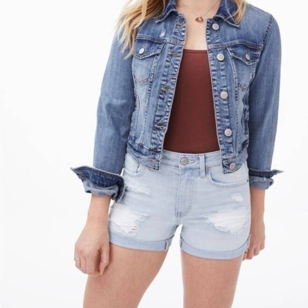 Aeropostale High Rise Jean Shorts Midi Distressed Ripped Stretch Aero Size 4